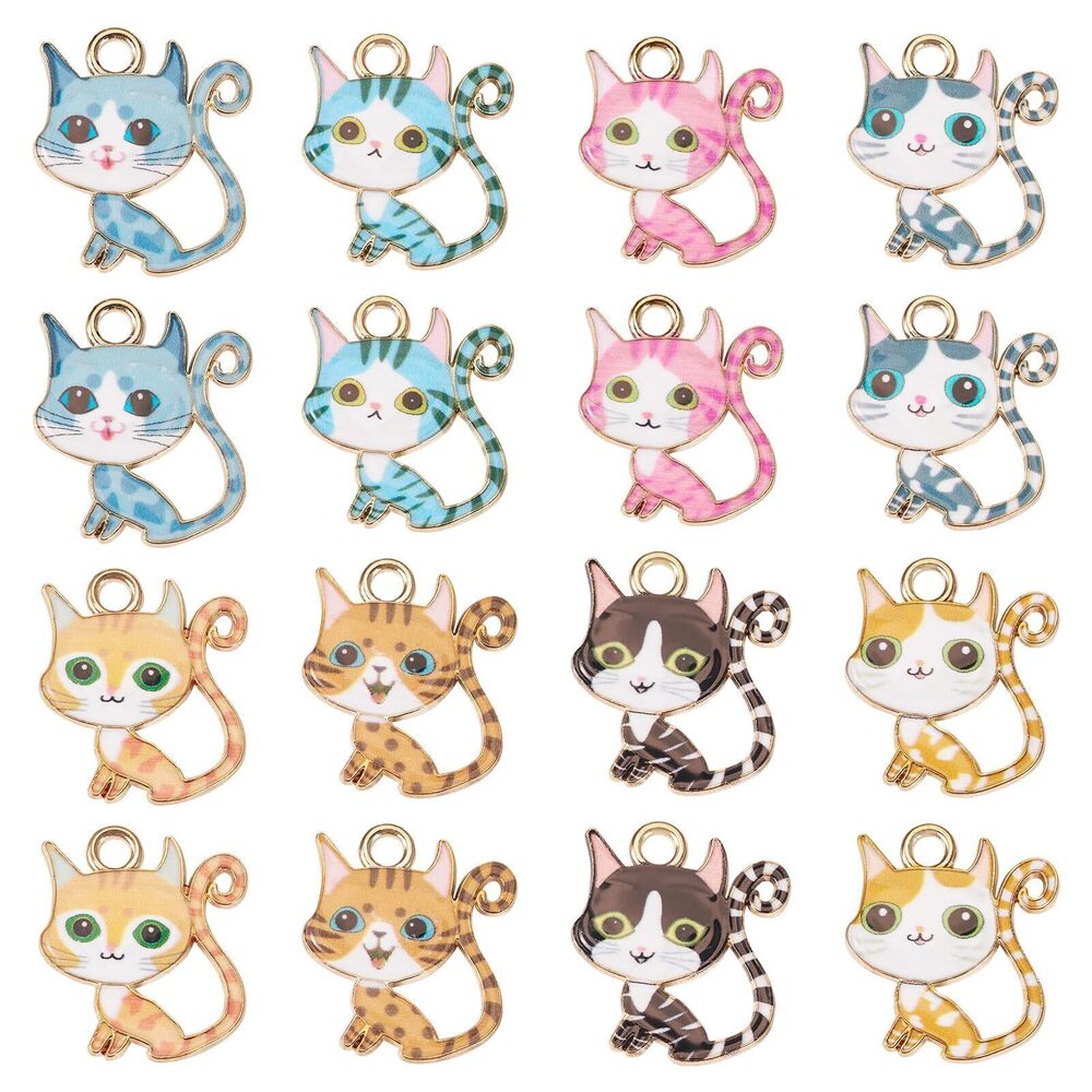 3383 32Pcs Enamel Cat Charms Pendants Cute Kitten Alloy Charm Cartoon Pet